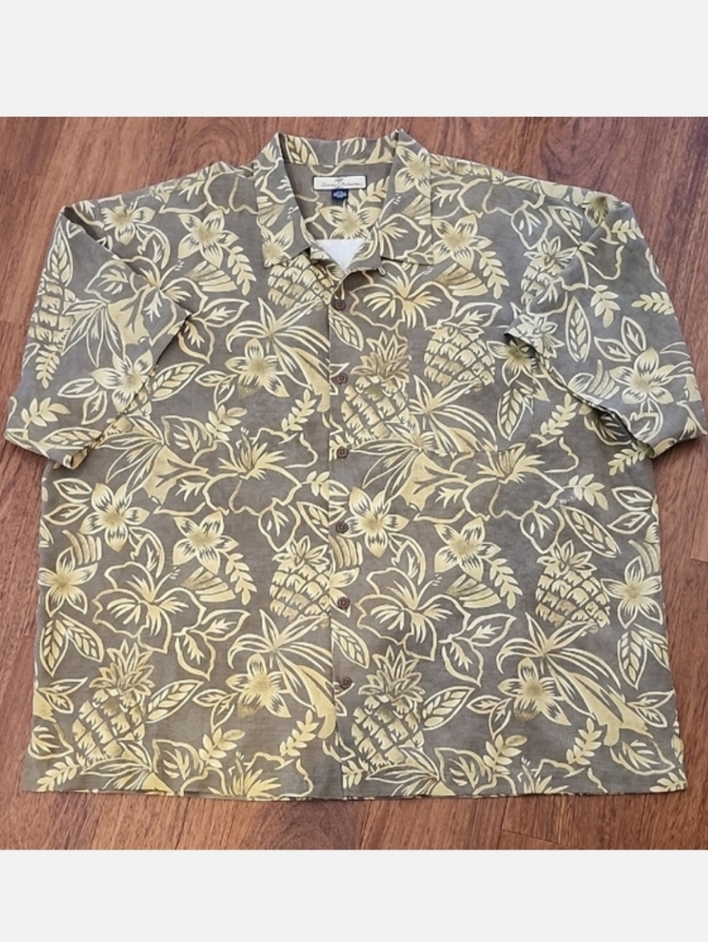 Tommy Bahama Silk Hawaiian Shirt XXL Olive Green Yellow Pineapple Floral Camp